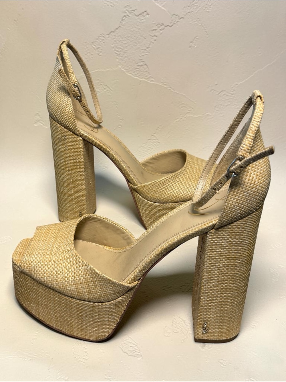 Sam Edelman Kori Beige Woven Platform Peep-Toe Sandals with Ankle Strap, size 11